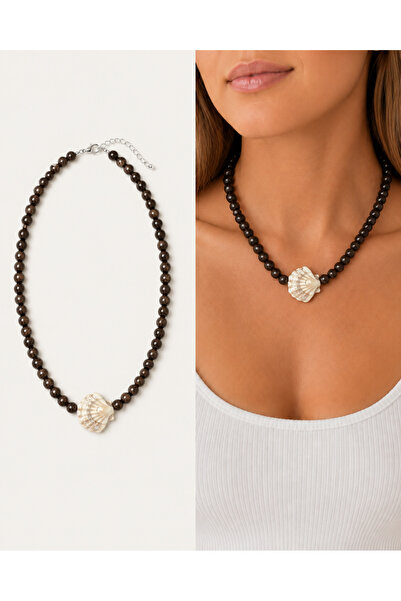 Arsaley Collection Seramik Bej İstiridye Charm Siyah Renk Yazlık Boncuk Kadın...