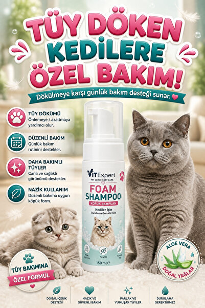 Vitexpert Tüy Döken Kedilere Özel Vet Clinic Soft Care Doğal Kuru Köpük Şampu...