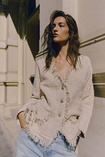 H&M Saçaklı ve Hasır Örgülü Triko Hırka