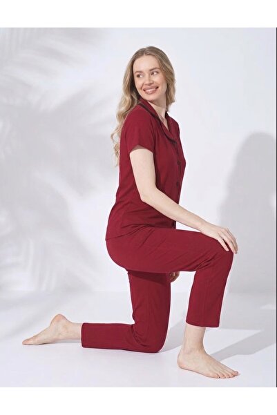 GRSN Kadın Bordo-Siyah Biyeli Kısa Kollu Pamuklu Düğmeli Rahat Pijama Takımı