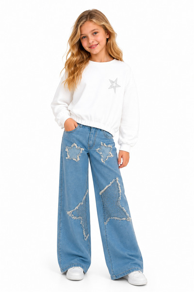 İncilay Kids Kız Çocuk Yıldız Nakışlı Sweatshirt Geniş Paça Jean Pantolon Tak...