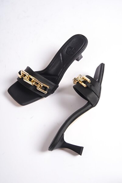 Modabuymus Women's Thin Heeled Black Single Strap Slippers - Melina