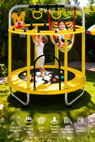 DEMPOWER 152x170 cm Güvenlik Fileli Çocuk Trambolin Seti-Hamak, Basket Seti, ...