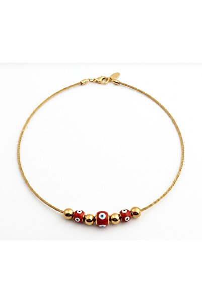 Siya Silver Tarnish Stainless Steel Red Evil Eye Beaded Straw Necklace