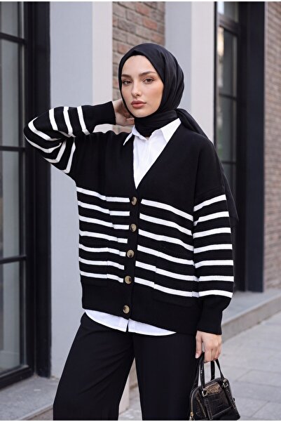 Modamorfo Double Pocket Striped Buttoned Cardigan