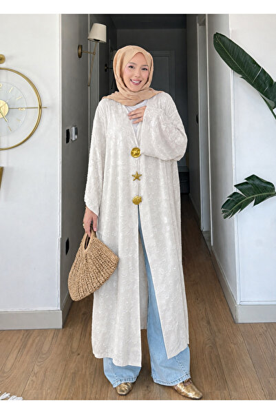 Moda Misali Jakarlı Kimono Yelek Gold Aksesuarlı