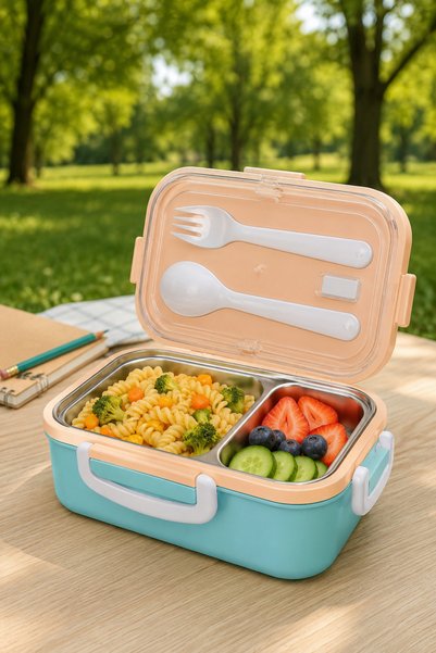 Sowo Home Steel Lunch Box with 2 Compartments, Fork and Spoon, Camping Food Container with Air Lock, Microwave Safe, Bpa Free