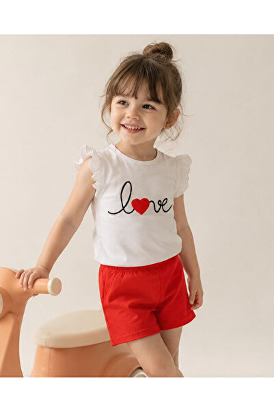 Rocha Baby Love Nakışlı Kız Bebek Yazlık Takım Fisto Kollu Beyaz Tişört Kırmı...