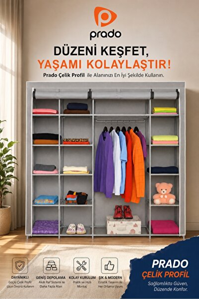 PRADO Stark Xtra Çift Yandan Raflı Çelik Profilli Bez Dolap Gri