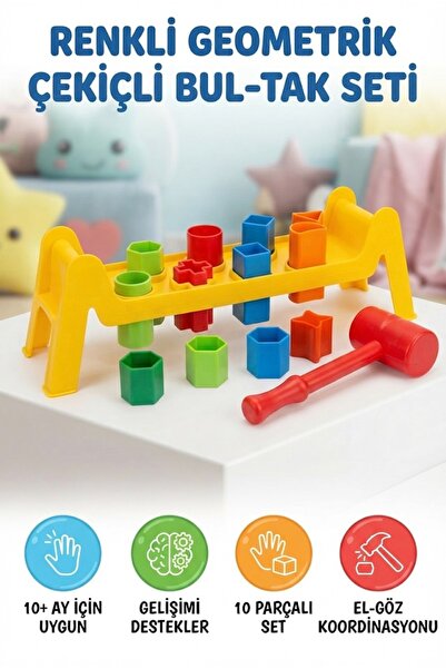 Tıfıl Toys 10-Piece Hammering Toy with 8 Different Geometric Shapes for Kids ...