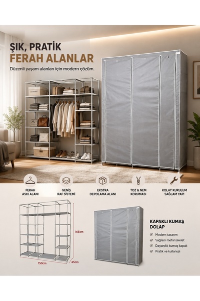 PRADO Stark Xtra Çift Yandan Raflı Çelik Profilli Bez Dolap Gri