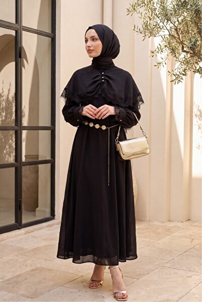 Modamorfo Lace Detailed Cape Belted Lined Imported Ibiza Dress - Black