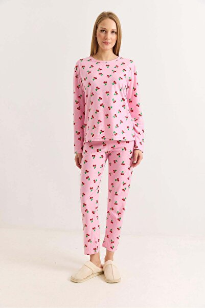 Raneel Kazançlı Alışveriş Women's Crew Neck Cherry Printed Pink Cotton Pajama...