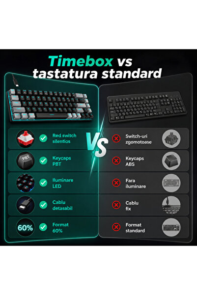 Timebox Tastatură mecanică de gaming, iluminare din spate RGB 60%, comutator liniar hot swap, 61 de taste