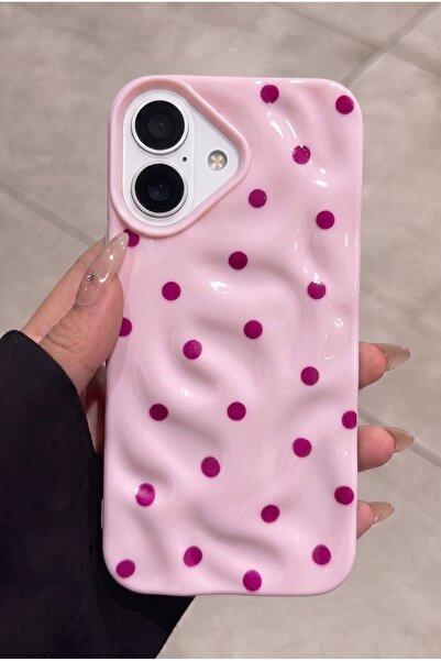 KVK PRİVACY iPhone 16 Dalgalı Desenli Pembe Puantiyeli Silikon Kılıf Şık Tasa...