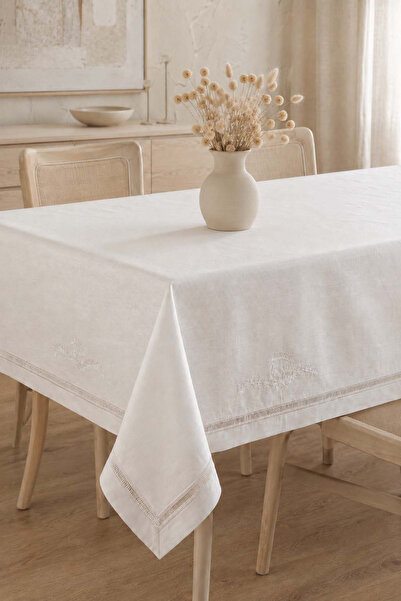 ÖDEL BULDAN Elegant Embroidered Tablecloth with Linen Interlacing - Cream