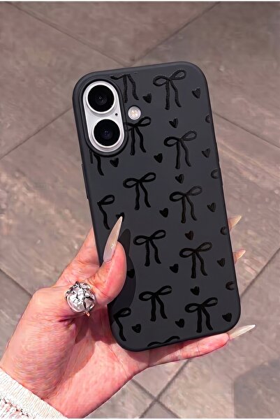 KVK PRİVACY iPhone 16 Uyumlu Siyah Fiyonk Desenli Kadifemsi Soft Touch Siliko...