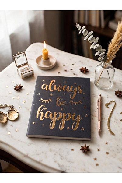 Dörtel Tedarik Always Be Happy Unlined Notebook Black Thin Cover
