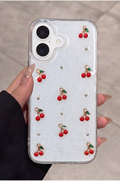 KVK PRİVACY Apple iPhone 16 Uyumlu Epoksi Kiraz Desenli Şeffaf Simli Kılıf – ...