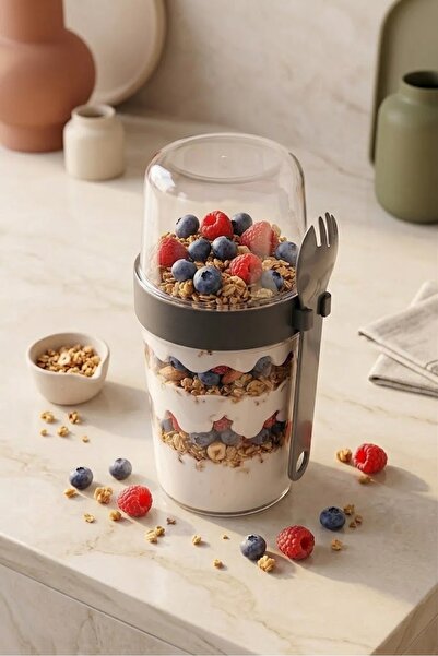 Porsima 5817 Yoğurt Müsli Kabı – Kendinden Kaşıklı Pratik Taşınabilir Kaşıklı Atıştırmalık Kabı-Antrasit 400ml+200ml