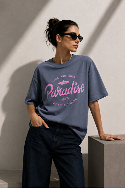 DI LORIA Women's Anthracite Oversize Paradise Printed Lycra Crew Neck T-Shirt...
