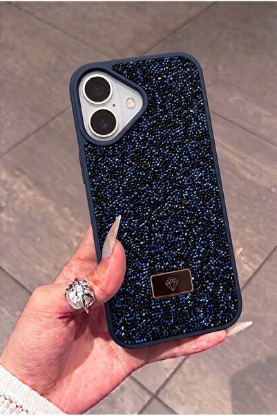 KVK PRİVACY iPhone 16 Uyumlu – Elmas Tasarımlı, Lacivert Taşlı, Işıltılı Pırl...