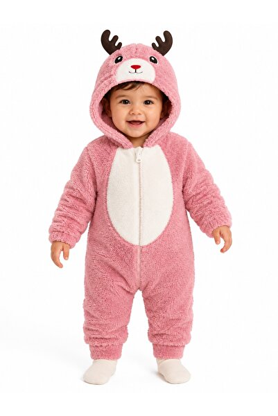 Chicsy Baby Sweet Deer Patterned Welsoft Baby Romper Hooded Plush Zippered Wi...