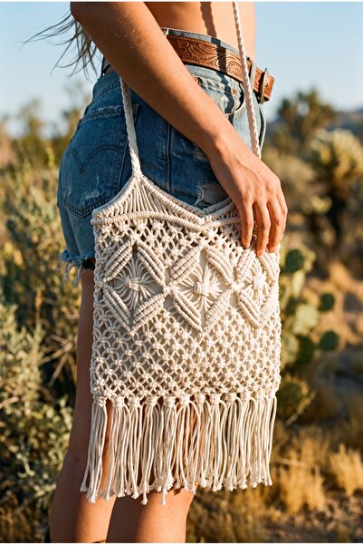 FASHION COCKTAIL Western Saçaklı Püsküllü Makrome Hasır Örme Örgü İçi Bohçalı...