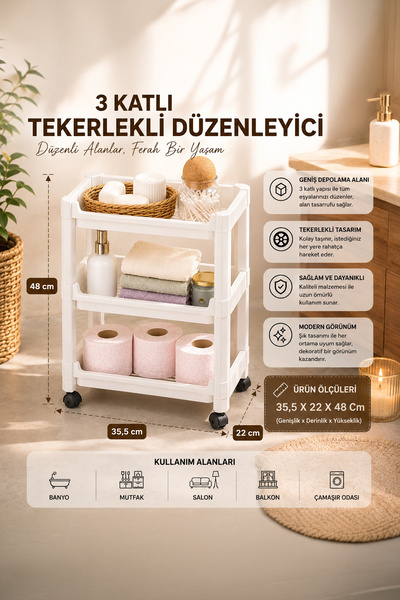 Porsima Rafty-73-1 3-Tier Organizer with Wheels - Bathroom Kitchen Organizer ...