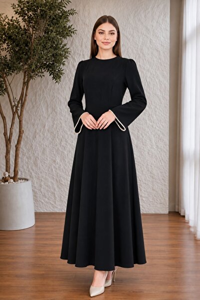 MAG FASHİON Hijab Dress with Pearl Detail on the Sleeve Black Hijab Dress Bla...