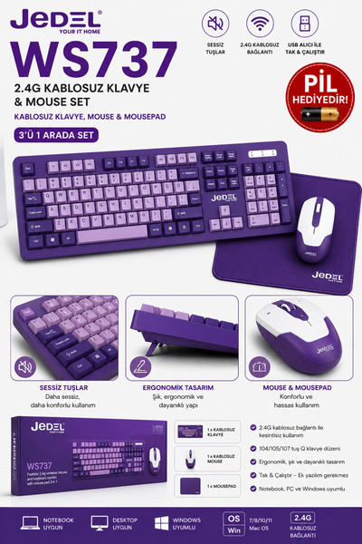 SepetteX Jedel WS737 Kablosuz Klavye Mouse Seti 2.4 GHz Q Klavye + Mouse + Mo...