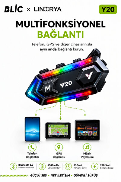 linarya BLIC Y20 Bluetooth Motosiklet Kask Kulaklığı RGB Işıklı Mikrofonlu 1000mAh IPX6 Suya Dayanıklı İntercom