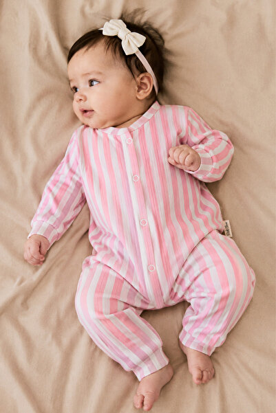 Rocha Baby Pamuklu Pembe Çizgili Fitilli Çıtçıtlı Uzun Kollu Bebek Tulum