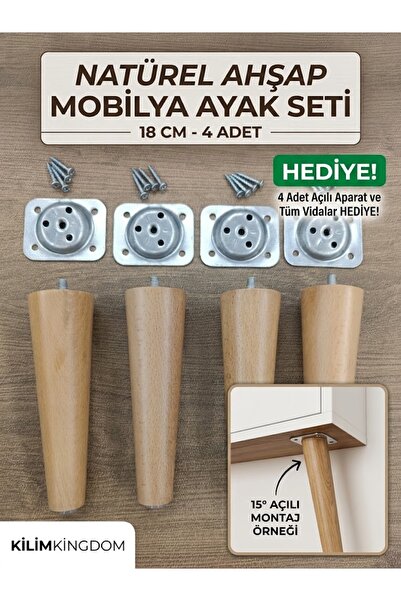 Moonra Home 4'lü Ahşap Konik Ayak 20 cm Gürgen Koltuk Ayağı Baza Ayağı Tv Üni...