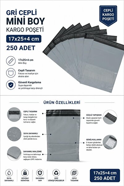ALMİNA Cepli Mini Boy Kargo Poşeti 17x25+4 cm - 250 Adet