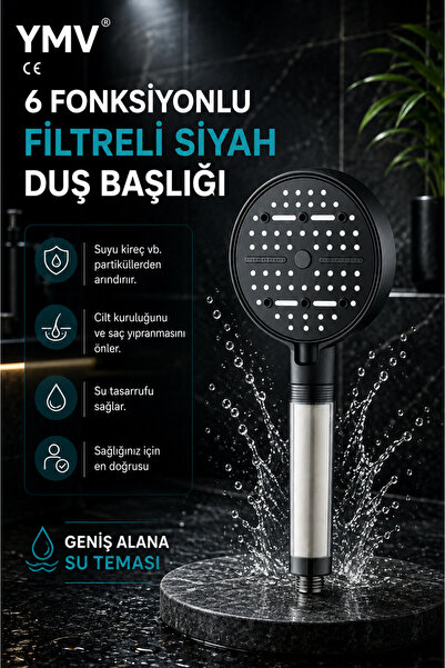YMV Filtreli Duş Başlığı 6 Fonksiyonlu Kireç Klor Önleyici Su Tasarruflu Bası...