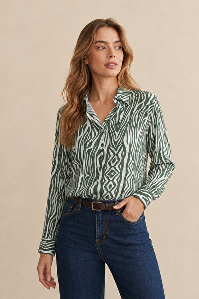 Generic Brand Women's Patterned Green Viscose Shirt New Season Stylish - Offi...