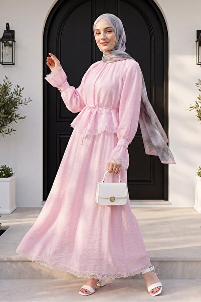 Modamorfo Flam Tulle Set with Lace Detail on the Ends, Belted and Lined - Powder