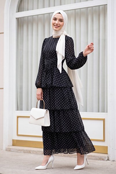 Modamorfo Crossed Tie-Detail Layers of Skirt Polka Dot Layered Chiffon Dress ...