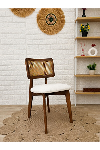 silla Zion Sandalye Teddy Krem Kumaş Hasırlı Ceviz Ahşap Sandalye
