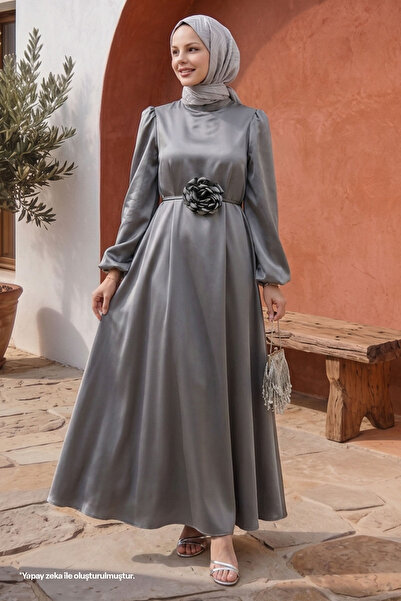 InStyle Rose Detail Gray Satin Dress
