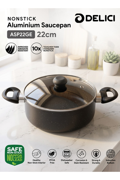 DELICI ASP22GE 22CM Granite Non-Stick Sauce Pan Glass Lid PFOA-Free Aluminium...