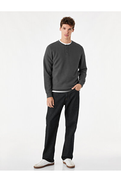Koton Long Sleeve Cotton Waffle Textured Henley Collar Sweatshirt