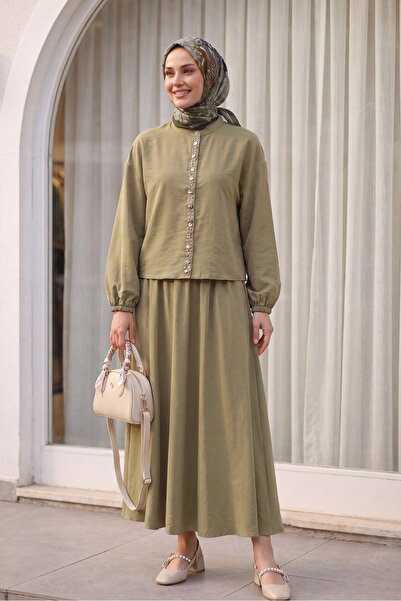 Modamorfo Modal Suit with Elastic Sleeves, Pearl Buttons on the Front, and Sk...