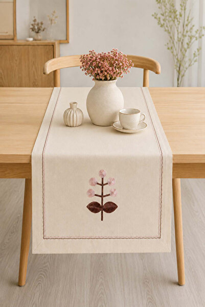 ÖDEL BULDAN Naturel Buldan Kumaşı Çiçek İşlemeli 50x130 Cm Runner