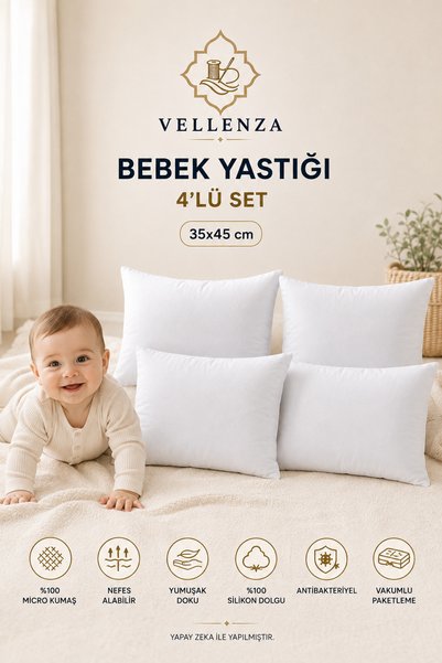 Vellenza 4 Pieces 35X45 cm Baby Pillow with Silicone Fiber Filling Micro Fabric Soft and Light 200 Gr
