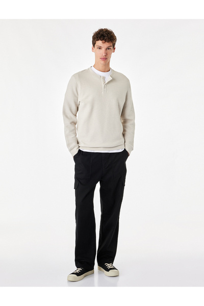 Koton Long Sleeve Cotton Waffle Textured Henley Collar Sweatshirt