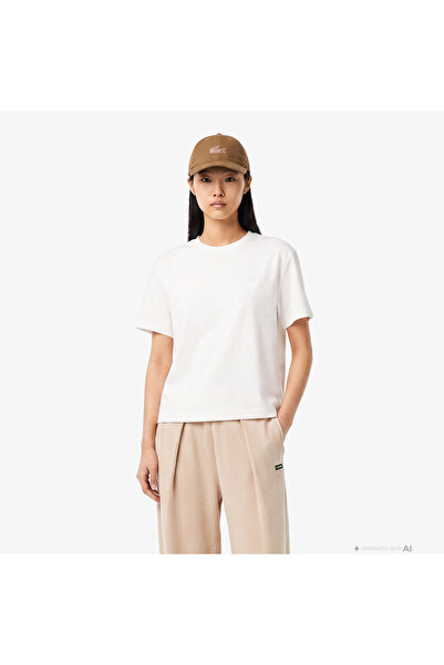Lacoste Kadın Loose Fit Bisiklet Yaka Beyaz T-Shirt