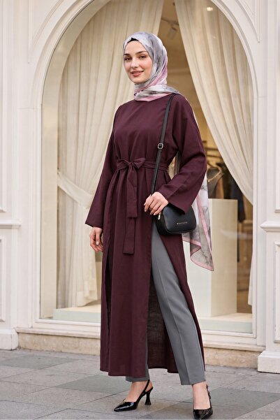 Modamorfo Hakim Collar Deep Slit Belted Long Modal Tunic - Plum