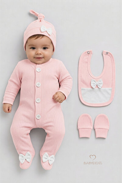 BABYDEN'S 4-Piece Baby Girl Ribbed Newborn Baby Romper Set 100% Cotton Hospit...